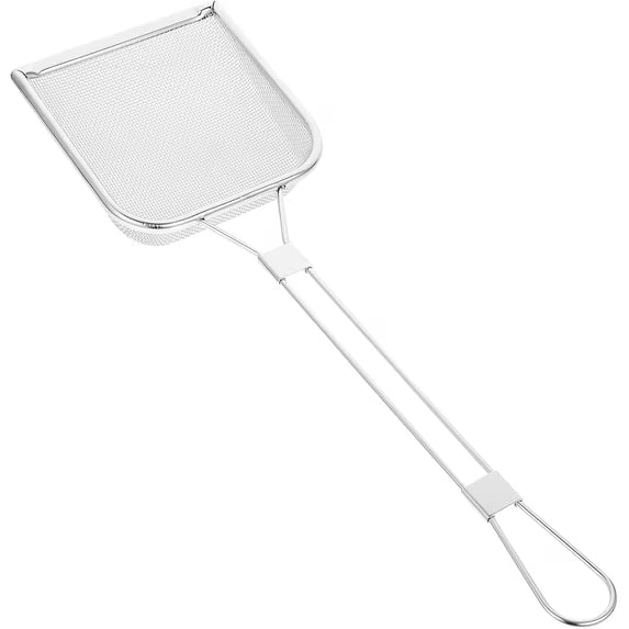 304 Stainless Steel Fine Mesh Skimmer Spoon | Square Frying Strainer, Oil & Fat Skimmer Ladle with Long Handle for Cooking