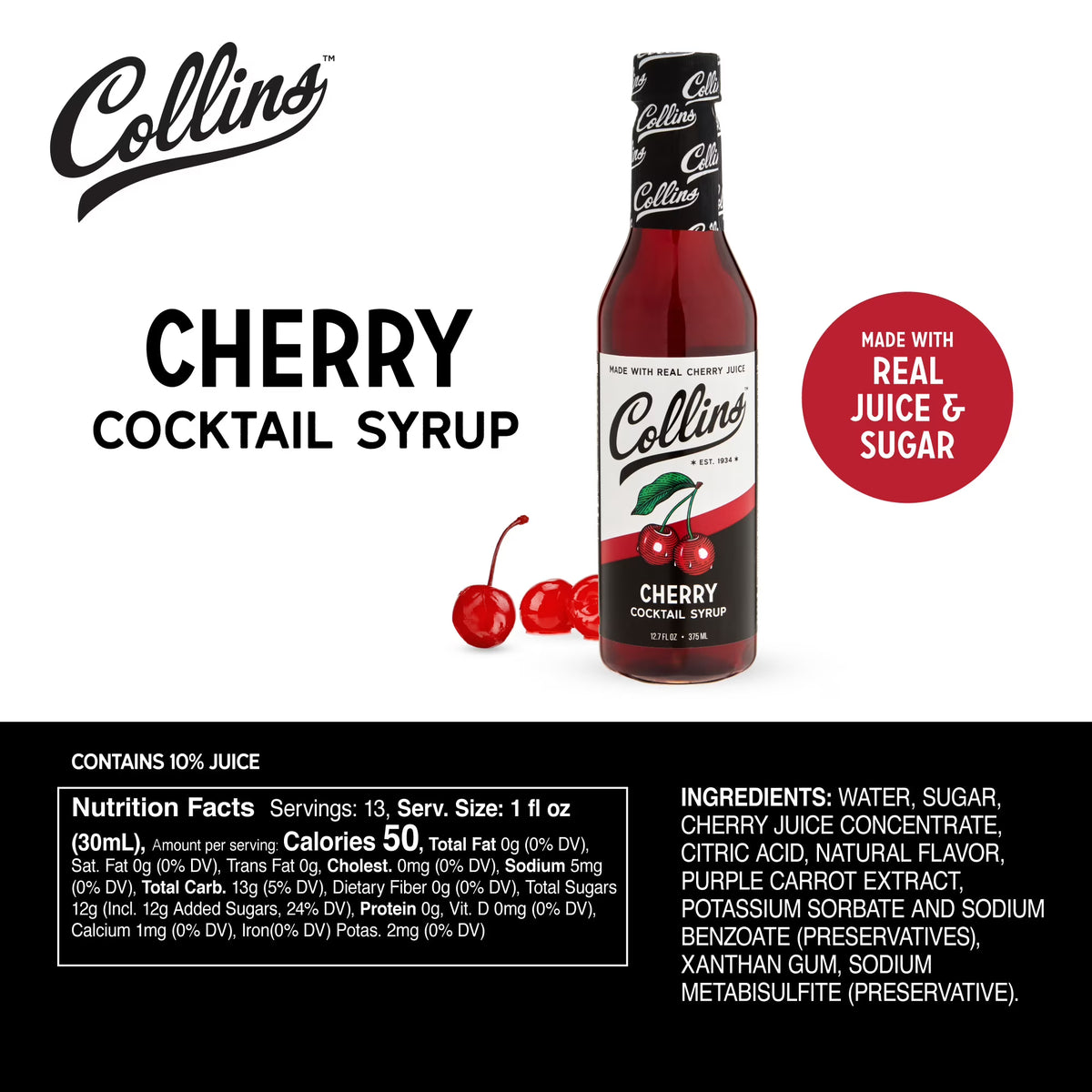Collins Cherry Simple Syrup with Real Cherry Juice & Real Sugar – 12.7 oz