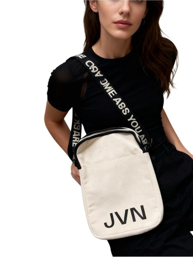 JVN Cream Canvas Messenger Bag with Black Branded Shoulder Strap