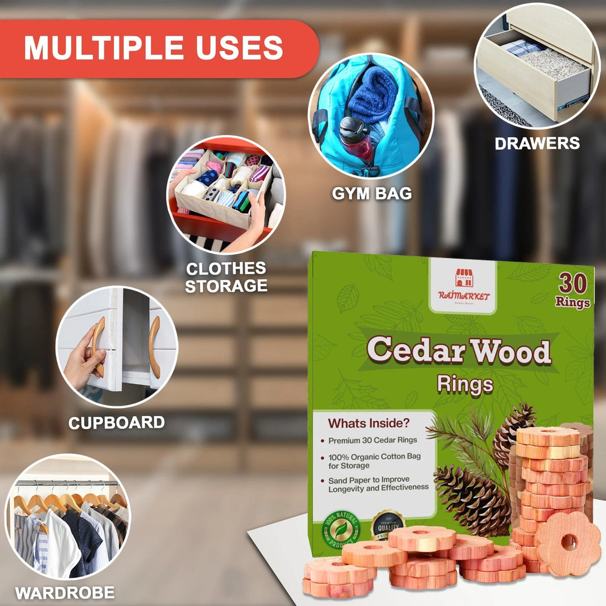 Raimarket Natural Cedar Rings for Clothes Storage, Cedarwood, 30 Pack