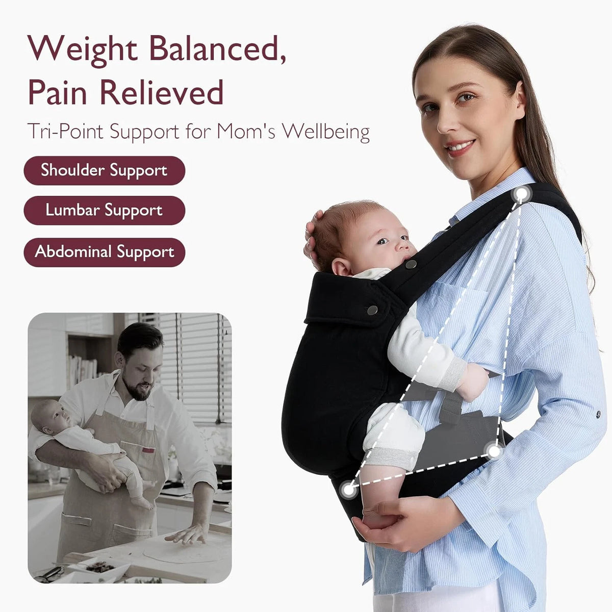 Geenev Ergonomic Baby Carrier with Detachable Sleeping Hood, Storage Pouches & Padded Waist Belt – Black