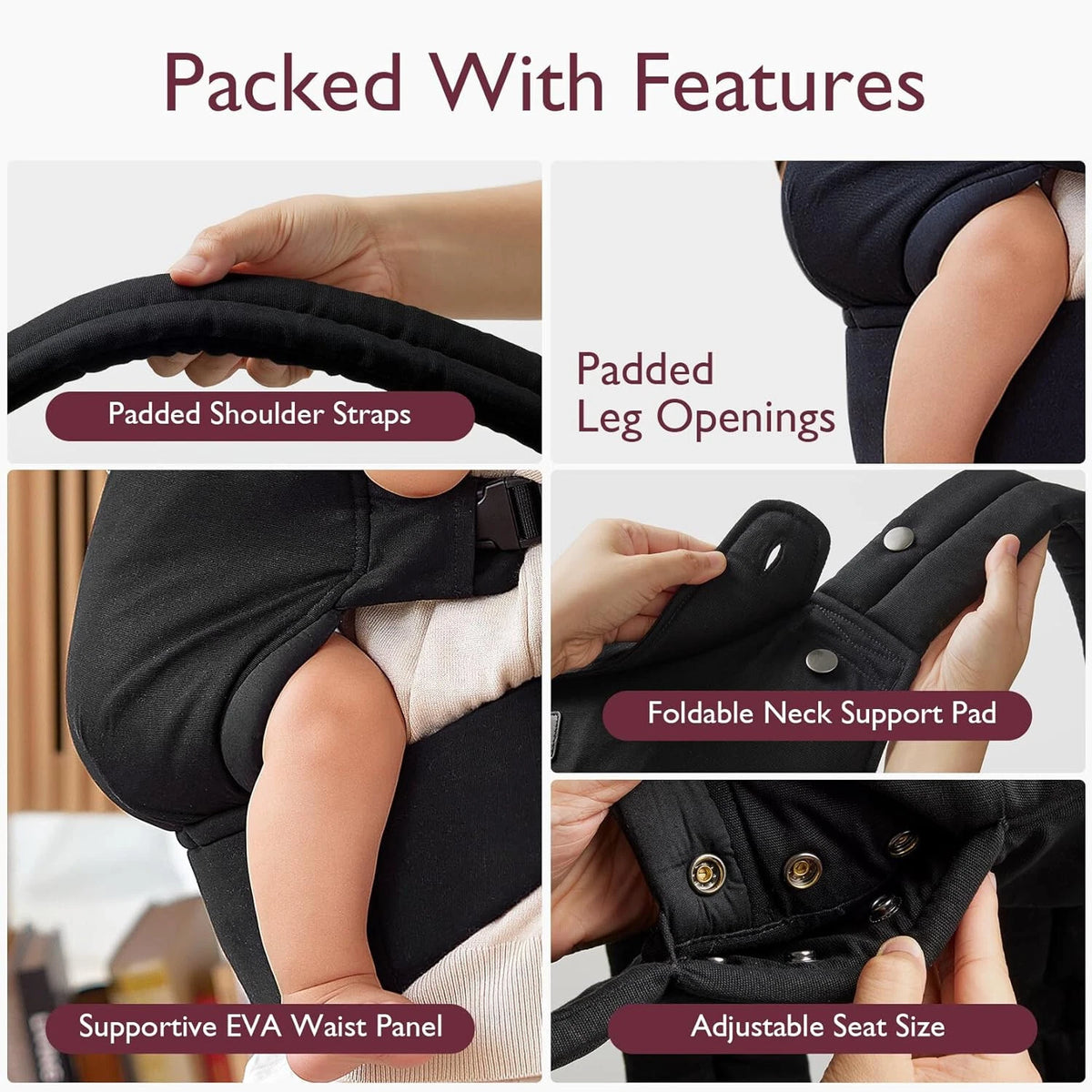 Geenev Ergonomic Baby Carrier with Detachable Sleeping Hood, Storage Pouches & Padded Waist Belt – Black
