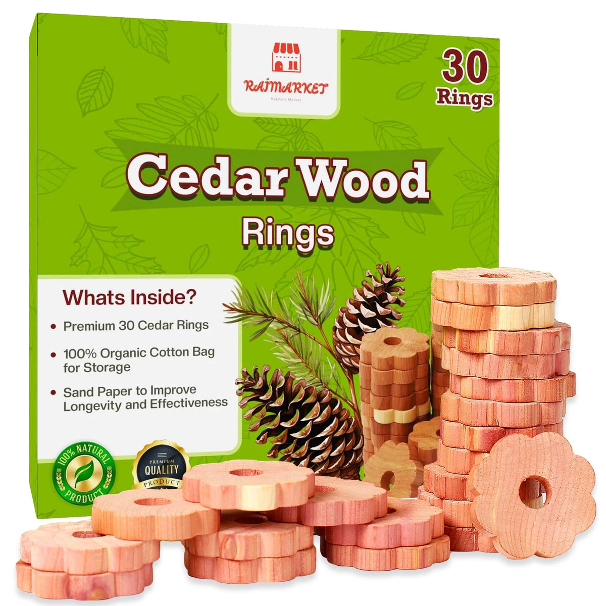Raimarket Natural Cedar Rings for Clothes Storage, Cedarwood, 30 Pack